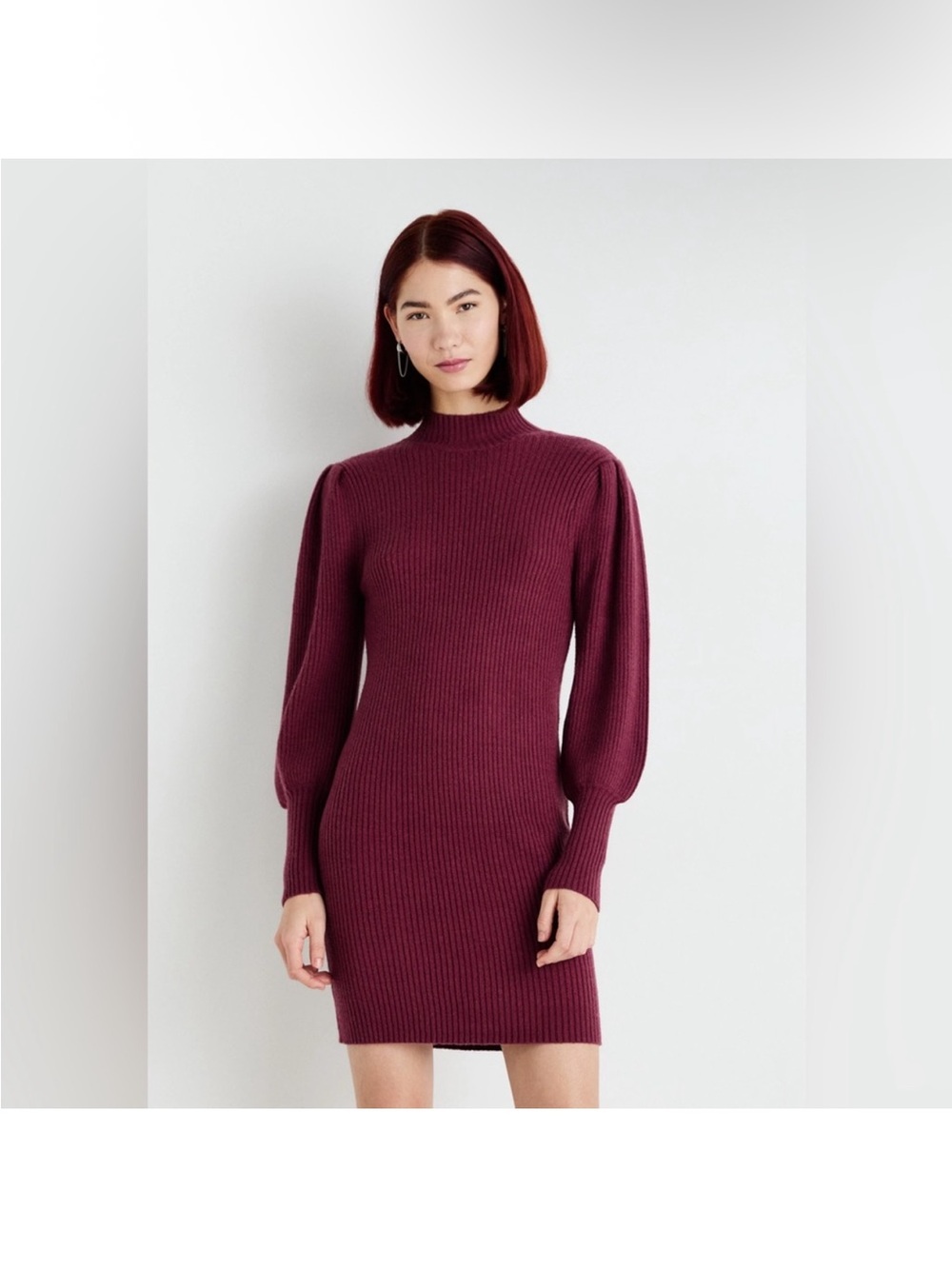 Calvin Klein Burgundy Ribbed Puff-Sleeve Mini Dress